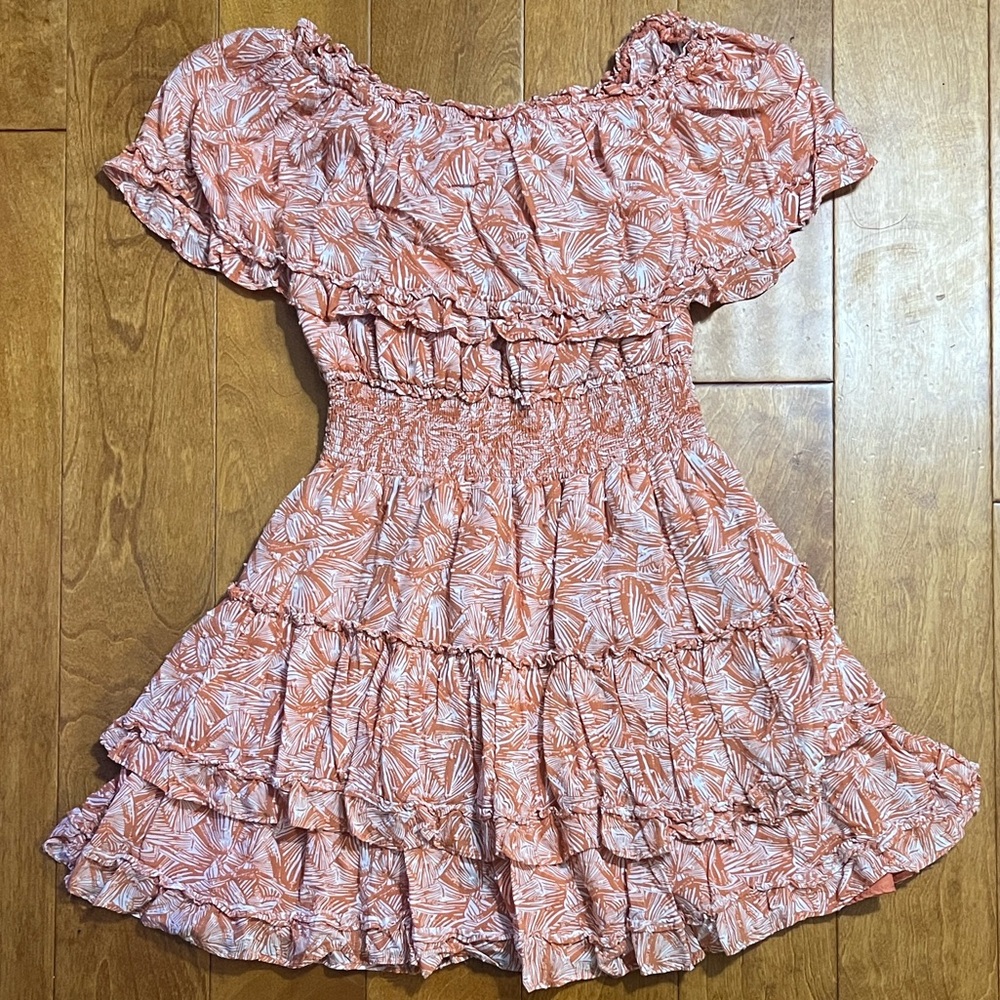 Forever 21 Off Shoulder Mini Dress Size Large Coral Floral Smocked Boho Beach - Picture 2 of 10